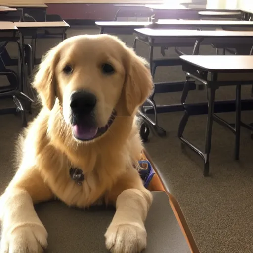 Prompt: newton the golden retriever doing advanced calculus in the classroom, realistic, early morning light