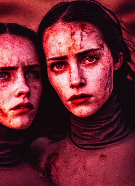 Image similar to cinestill 5 0 d photographic portrait of two sultry loving female androids wearing rugged black techwear on a desolate plain with a red sky, extreme closeup, cyberpunk style, garters, dust storm, 8 k, hd, high resolution, 3 5 mm, f / 3 2, ultra realistic faces, ex machina