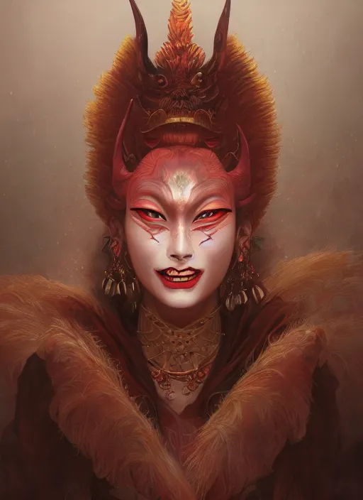 Prompt: a beautiful detailed oil on copper art illustration of a japanese namhage mask devil woman, centered, by charlie bowater, zeng fanzh, trending on artstation, dim dusk lighting, cinematic lighting, detailed lighting, volumetric lighting, realistic, f 8, 4 k hd wallpaper