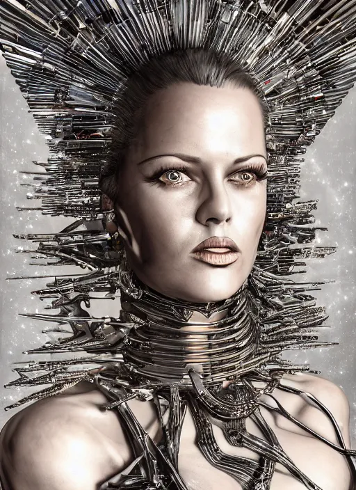 Image similar to expressive full body photo of young bridget bardot, dress made of steel blades, glamour shot, by karol bak, stefan gesell, photorealistic, nikon d 4 x, fashion photography, hyper maximalist, elegant, ornate, luxury, elite, environmental portrait, symmetrical features, octane render, unreal engine, solid dark grey background, dramatic lights