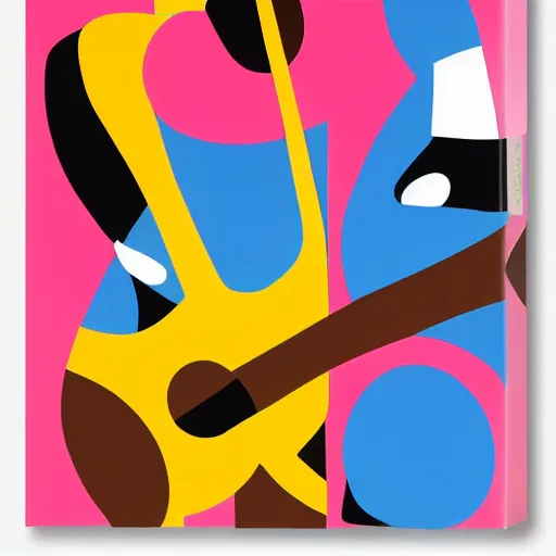 Image similar to portrait of a person playing guitar, abstract painting in the style of Sophie Taeuber-Arp and Gary Hume and Tatsuro Kiuchi, flat colour-block style, geometric abstraction, dark colours