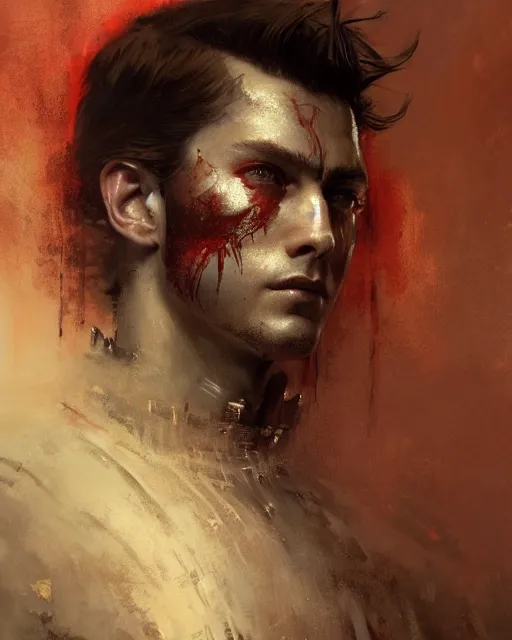 Prompt: close up of a young emperor wearing an armor ; masculine man with thin faces line and perfect jawline, two sides brown hair, elegant, ethereal horror fantasy art by greg rutkowski, jeremy mann, magali villeneuve and claude monet, large shoulders, red background