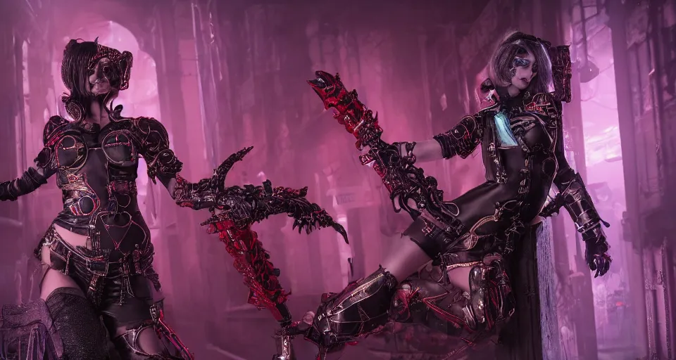 Image similar to Cosplay on hot scarlet female necromancer in cyberpunk-plate-armor, Ultra-HD, HCL, Volumetric Lighting, Screen Space Global Illumination, Opaque, Optics, Lumen Reflections, VFX, insanely detailed and intricate, hypermaximalist, elegant, ornate, hyper realistic, super detailed, full body,