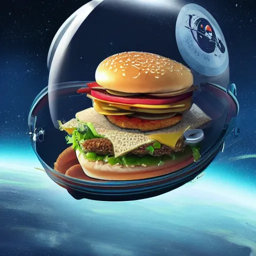 Image similar to a humanoid chicken!!!!! astronaut eating a burger while floating inside of a space station, golden ratio!!!!!, centered!!!!!, trending on artstation, cgsociety contest winner, 4 k quality, digital art, anime style, studio ghibli!!!!!