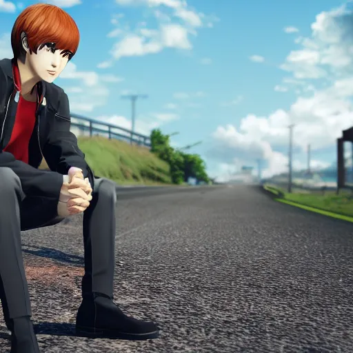 Image similar to film still of persona 4 protagonist, 8 k