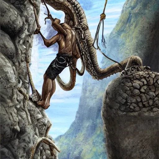 Prompt: rock climber climbing a giant ancient dragons skull, very detailed, fantasy art, dungeons and dragons, belaying, ropes, landscape, cover of national geographic