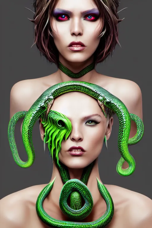 Image similar to beautiful super model gorgon, full body, diablo 4 white skin, euryale, green snake hair, half woman half snake, photorealistic art, symmetrical, trending on artstation, 8 k resolution