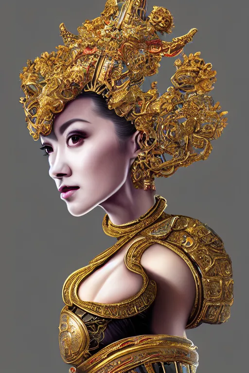 Prompt: a beautiful empress portrait, with a brilliant, impossible striking big technology headpiece, female robot, symmetrical, dramatic studio lighting, rococo, baroque, jewels, asian, hyperrealism, closeup, D&D, fantasy, intricate, elegant, highly detailed, digital painting, artstation, octane render, 8k, concept art, matte, sharp focus, illustration, art by Artgerm and Greg Rutkowski and Alphonse Mucha