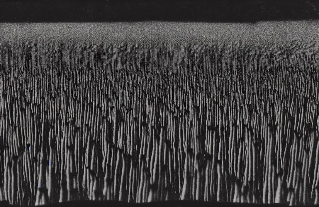 Image similar to concentration camps intact flawless ambrotype from 4 k criterion collection remastered cinematography gory horror film, ominous lighting, evil theme wow photo realistic postprocessing value contrast is used to focus our attention on the subject tragedy yayoi kusama installation