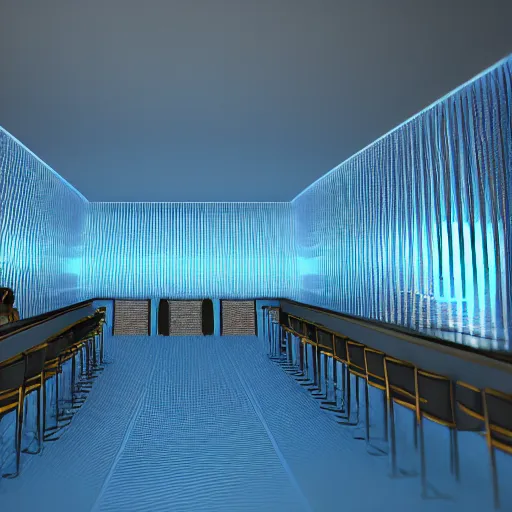 Prompt: a bar made with translucid fabric, water in front, parametric, blue hour, hyperrealistic, elevation, vray, unreal engine, trending on artstation