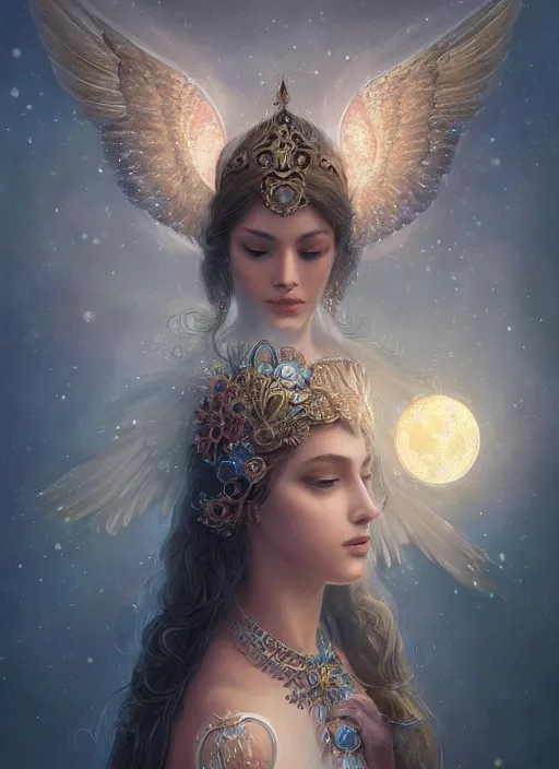 Image similar to A beautiful digital painting of a female Seraphim full of jewels, princess, the moon behind her, intricate, cinematic lighting, highly detailed, digital painting, Artstation, concept art, smooth, sharp focus, illustration, art by Tom Bagshaw, Artgerm and Greg Rutkowski