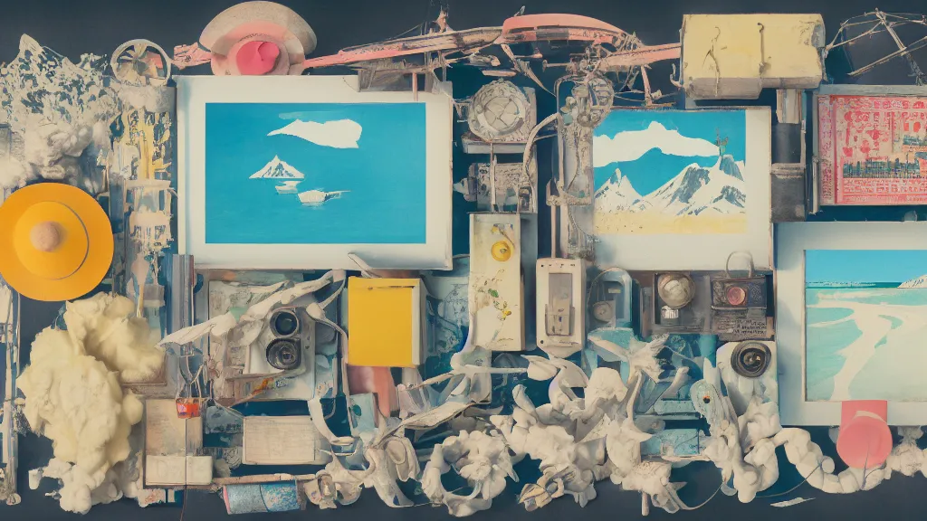 Prompt: an arrangement of explorer traveller props, okinawa japan, a collage painting, in the style of wes anderson, lola dupre, david hockney, isolated on negative white space background dark monochrome neon spraypaint accents volumetric octane render