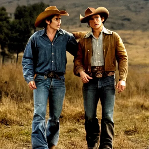 Prompt: a romantic scene from brokeback mountain starring josh hartnett as ennis del mar and heath ledger as jack twist