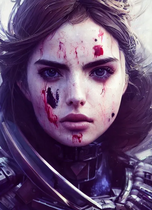 Prompt: close up painting, ana de armas, sci - fi armor, fresh blood hair, beautiful, disgusted face, gorgeous, face visible, scars, eyeliner, cinematic lighting, eva suit, wallpaper, extremely detailed, sharp focus, by greg rutkowski and [ [ [ wlop ] ] ], intricate, beautiful, award winning, trending on artstation, pixiv