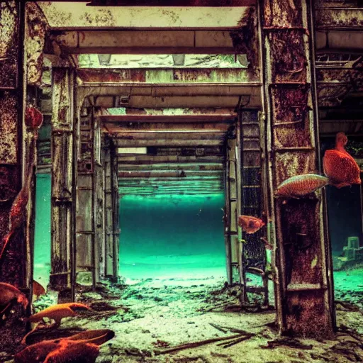 Prompt: abandoned rusty underwater theme park, surreal, horror, eerie, creepy, murky water, underwater, underwater photography, dark, submechanophobia, distant fish,