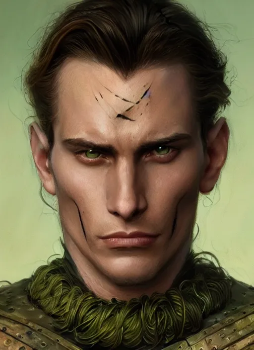 Image similar to a warrior in his twenties smirking deceitfully with long light brown hair tied back, light green eyes, a large forehead, a widows peak and a round face with high cheekbones and full lips as a realistic d & d fantasy character, portrait art by donato giancola and greg rutkowski, vintage retro, realistic face, digital art, trending on artstation