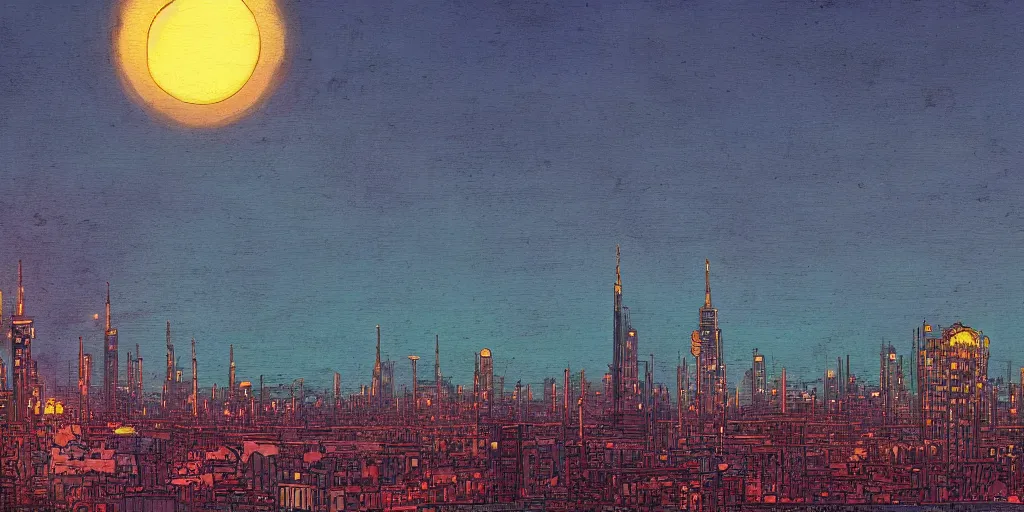 Image similar to A light blue star sinking behind a modern city skyline by Dan Mumford and Dean Ellis and John Atkinson Grimshaw and Anton Fadeev, sunset, purple sky, art nouveau