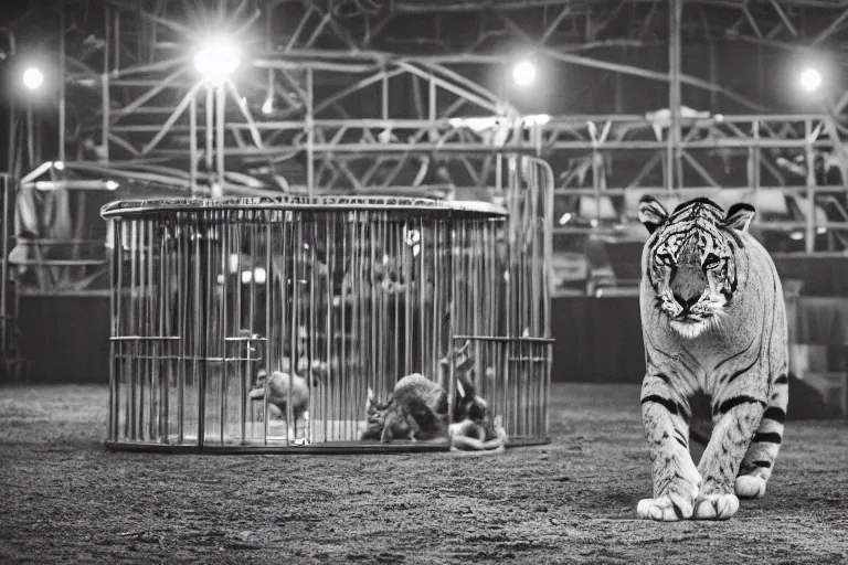 Image similar to photo of a Big Cat Circus, taken with Leica M11 and NOCTILUX 50mm F4.0, Paradium Platinum printed on paper