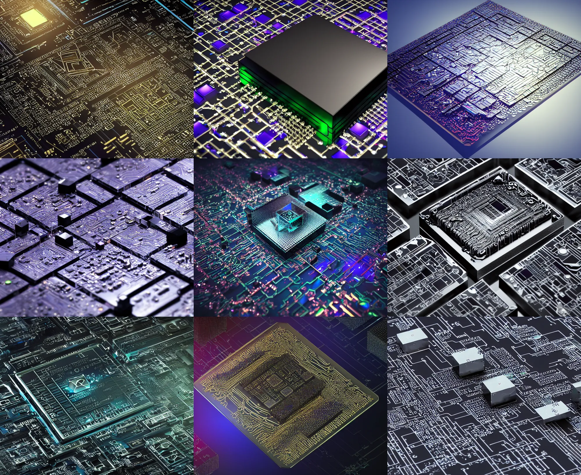 Prompt: circuit board processor block, 3 d ray traced photorealistic concept render, moody beautiful colors, futuristic, squares, crystal nodes, shiny, high angle shot with sharp realistic intricate detail, iridescent glowing chips, black 3 d cuboid device, graphene, futuristic precious metals, treasure artifact