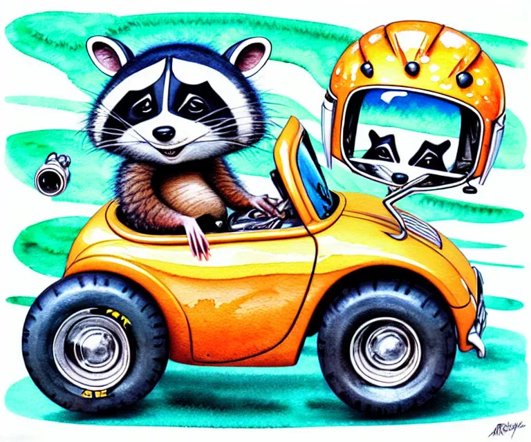 Image similar to cute and funny, baby racoon wearing a helmet riding in a tiny hot rod with oversized engine, ratfink style by ed roth, centered award winning watercolor pen illustration, isometric illustration by chihiro iwasaki, edited by range murata, tiny details by artgerm and watercolor girl, symmetrically isometrically centered