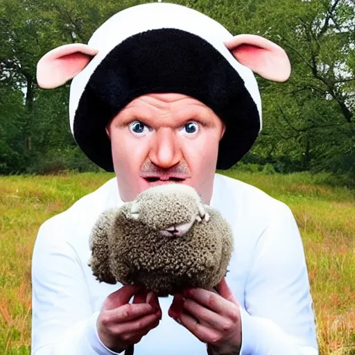 Image similar to a sheep dressed up as gordon ramsay, realistic.