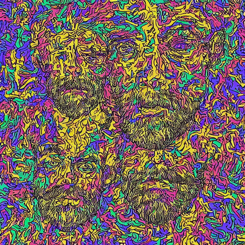 Prompt: Terence McKenna caricature, magic eye style poster