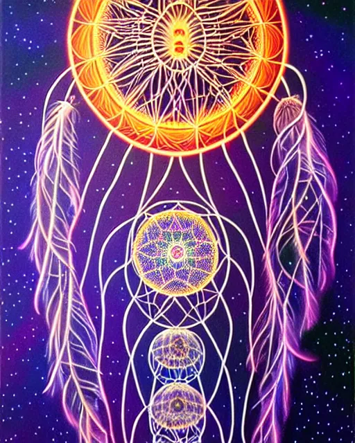 Prompt: detailed realistic dreamcatcher geometric glow painting a jellyfish emitting light in the cosmos by alex grey symmetry