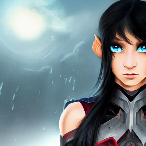 Image similar to young half - elf girl, black shoulder - length hair, blue eyes, cyborg