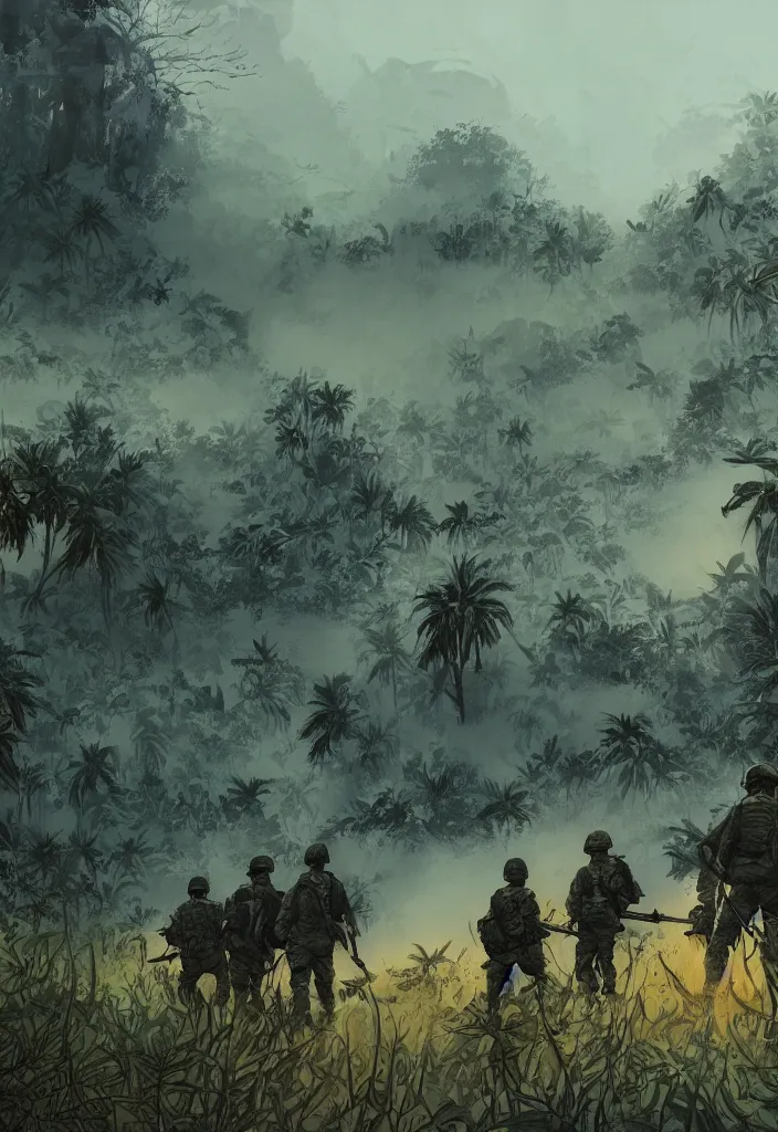 Image similar to handmade illustration of an epic Vietnam war scene with a few american soldiers walking, the jungle at the background, some smoke and fire, blue sky with dramatic clouds, line art, ink, watercolor by Kilian Eng and by Jake Parker, heavy brushstrokes, winning-award masterpiece, fantastic, octane render, 8K HD Resolution, High quality image