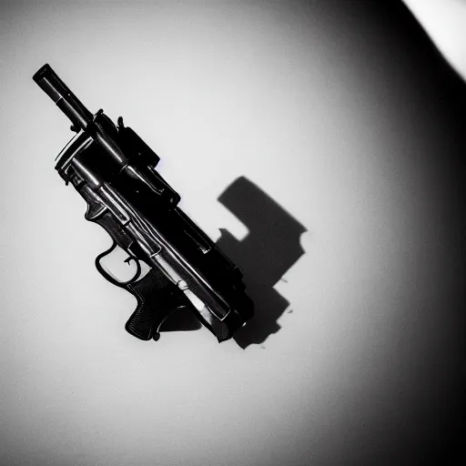 Prompt: agent 4 7 point his gun toward the camera. 5 0 mm, macro, photo, black and white.