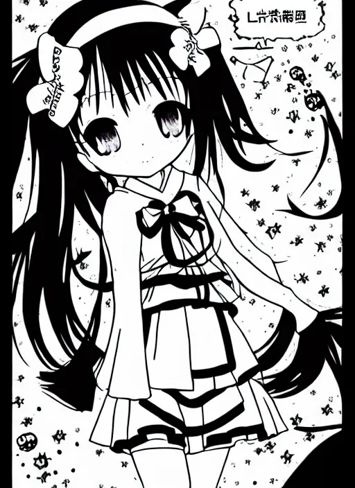 Image similar to manga style, black and white manga, multi - panel kawaii chibi manga, school girl kuudere, by gen urobuchi and yuyuko takemiya, japanese language, aharen - san