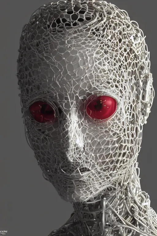 Prompt: a melancholic realistic 8k Sculpture of a complex robotic human face, liquid simulation, dramatic lighting, silver gold red details, hexagonal mesh wire, filigree intricate details, cinematic, fleshy musculature, white blossoms, elegant, octane render, 8k post-processing, by Caravaggio, Greg rutkowski, Sachin Teng, Thomas Kindkade, Alphonse Mucha, Norman Rockwell, Tom Bagshaw