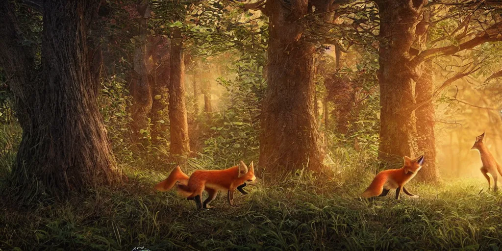 Prompt: a red fox and a ginger teenage girl at dark forest where the trees are huge, by ori toor and escher, ultra realistic, digital painting, vibrant color, sunset, dramatic ligthing, cinematic, octane render, futured