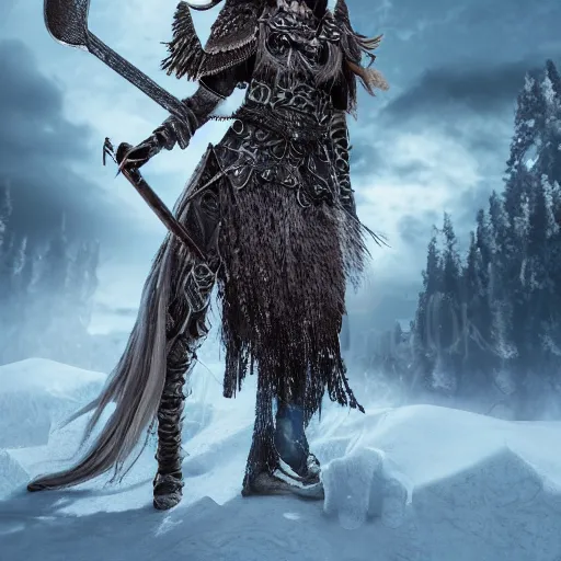Prompt: full height realistic photo with scandinavian valkyrie in armour insanely ornamented with decorations, valhalla, ice, nord, incredible detailed, octane render, dark mysterious atmosphere with fire on the background.