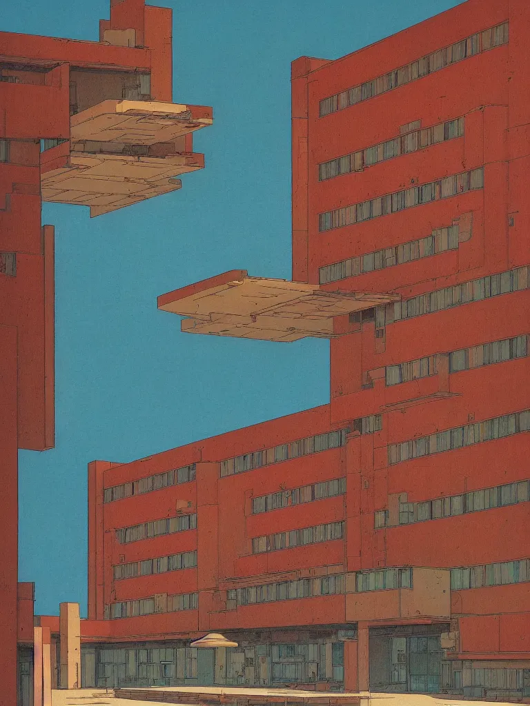 Image similar to a psychedelic hallucination of a brutalist hotel in the high plains desert, by kawase hasui, moebius, edward hopper, colorful flat surreal design, dramatic lighting, hd, 8 k, artstation