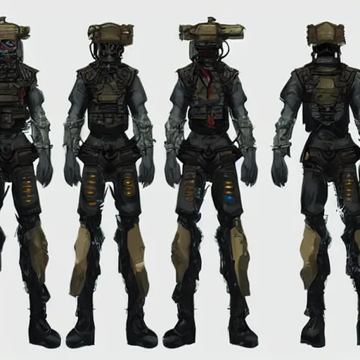 Image similar to character concept design of a cyberpunk soldier