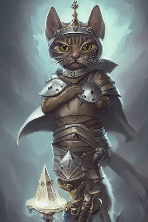 Image similar to cute little anthropomorphic cat knight wearing a cape and a crown, tiny, small, miniature cat , baby animal, short, pale blue armor, cute and adorable, pretty, beautiful, DnD character art portrait, matte fantasy painting, DeviantArt Artstation, by Jason Felix by Steve Argyle by Tyler Jacobson by Peter Mohrbacher, cinematic lighting