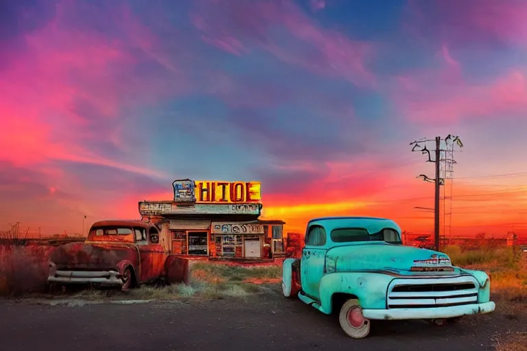 Image similar to a sunset light landscape with historical route 6 6, lots of sparkling details and sun ray ’ s, blinding backlight, smoke, volumetric lighting, colorful, octane, 3 5 mm, abandoned gas station, old rusty pickup - truck, beautiful epic colored reflections, very colorful heavenly, softlight