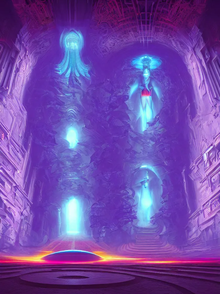 Prompt: entrance to matrix ethereal realm, shiva sentient, rendered in unreal engine, central composition, symmetrical composition, dreamy colorful cyberpunk colors, 6 point perspective, fantasy landscape with anthropomorphic terrain in the styles of igor morski, jim warren and rob gonsalves, intricate, hyperrealistic, volumetric lighting, neon ambiance, distinct horizon