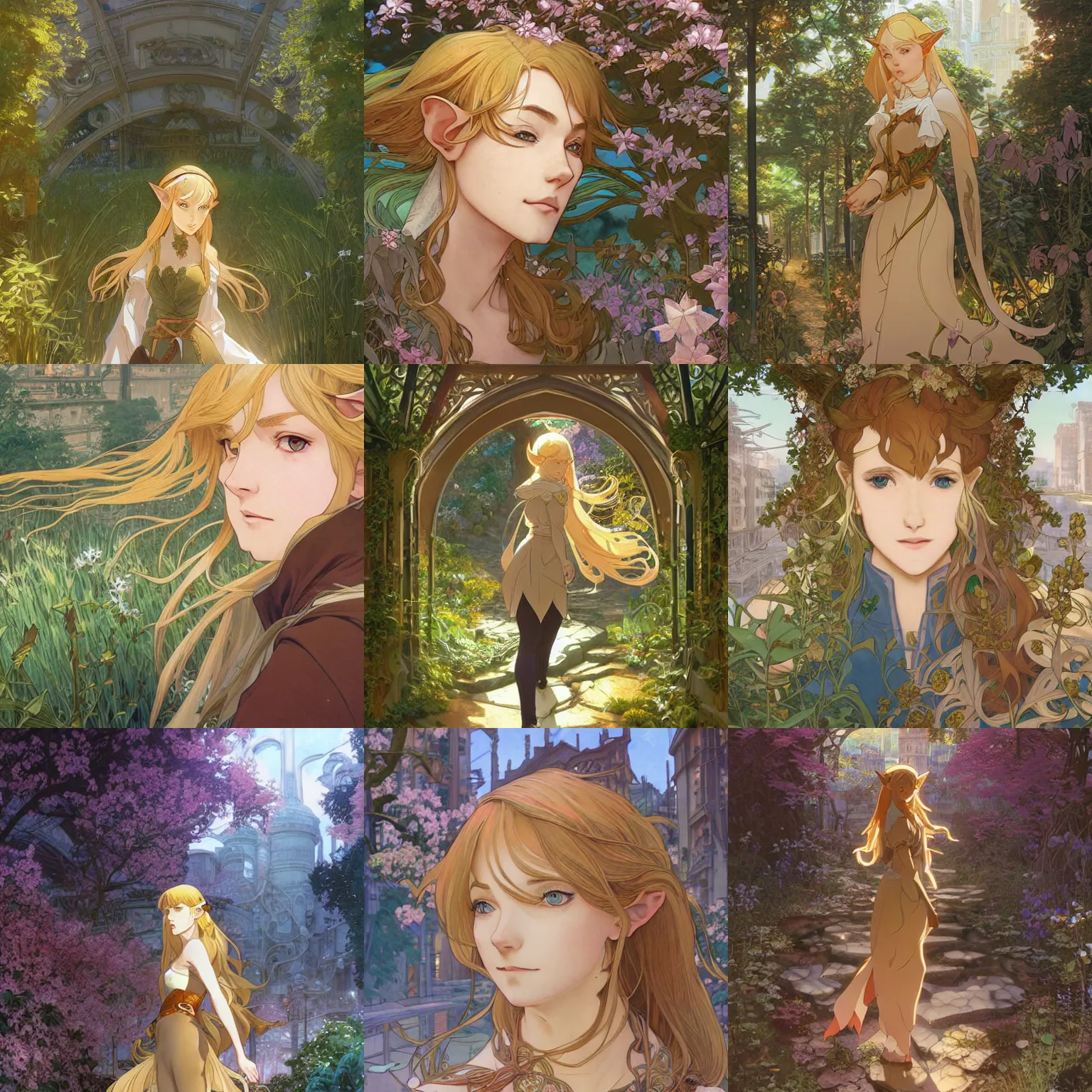 Prompt: Portrait of a golden-haired elf woman walking through a city reclaimed by nature, beautiful face, highly detailed, photoshop, digital illustration, official anime key visual, by Makoto Shinkai and Hayao Miyazaki, by Alphonse Mucha and Artgerm