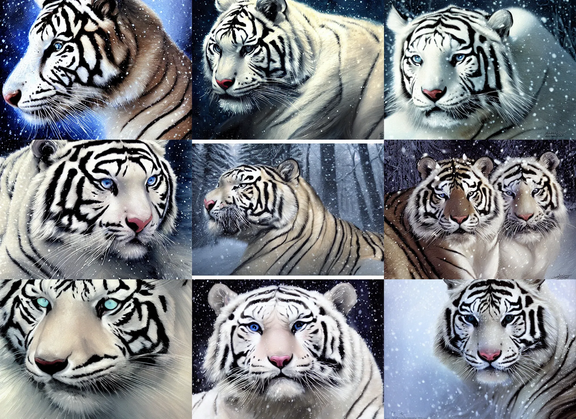 Image similar to close-up face portrait of muscled Denise Richards mounted on a fierce large white tiger, wintery scene, snow storm, Donato Giancola, Mark Brooks, Ralph Horsley, Charlie Bowater, Artgerm, Christopher Balaskas, Bastien Lecouffe-Deharme