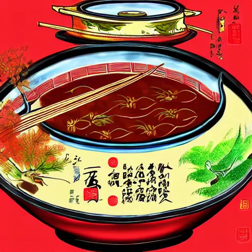 Image similar to chongqing hot pot, digital art, style of traditional chinese painting