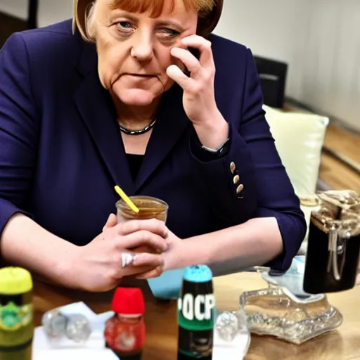 Image similar to angela merkel smoke weed in a coffee shop