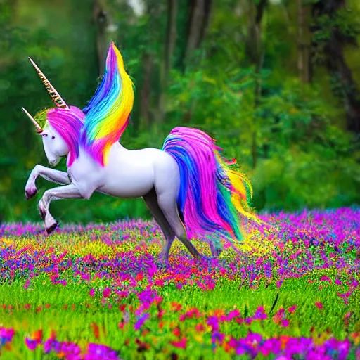 Image similar to unicorn sharp focus colorful photograph long tail flying