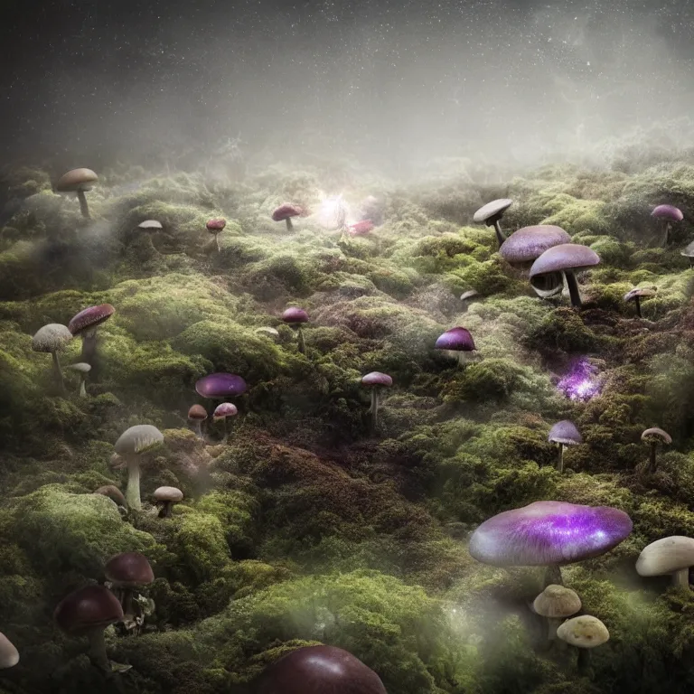 Image similar to a planet of various fungus, mushrooms and plants, inside the picture is infinity, Atmospheric phenomenon, artistic photography, muted colors, conceptual, long exposure outside the city, volumetric light