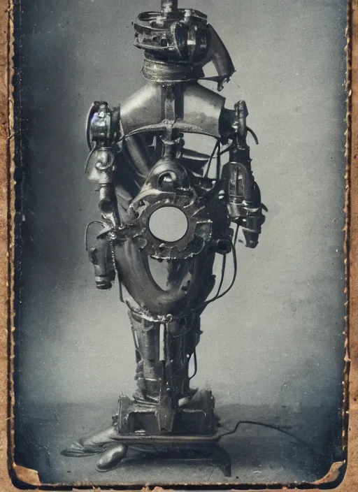 Image similar to 1 8 8 5 frontal photo of a steampowered riveted glados, daguerrotype, high quality