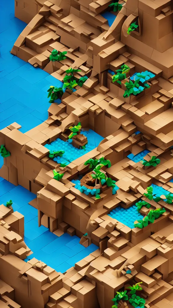 Image similar to matte 3 d low poly scene of a desert temple, lat lighting, isometric perspective on tropical beach background, soft shadows, 3 d render, lego builders journey, raytracing,