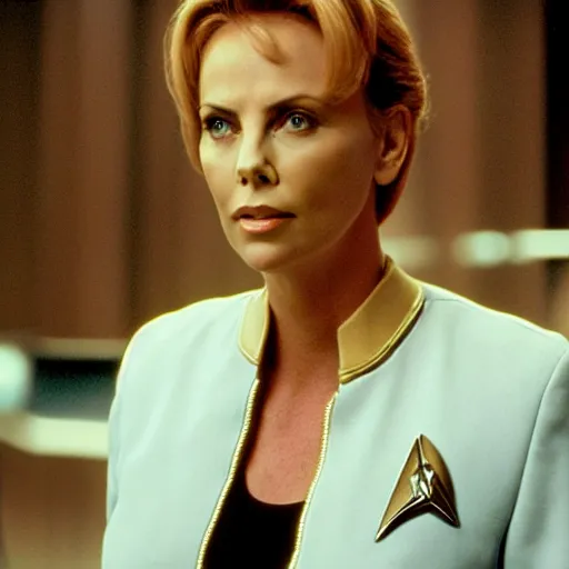 Prompt: movie film still of Charlize Theron as Beverly Crusher in a new Star Trek The Next Generation movie, cinematic