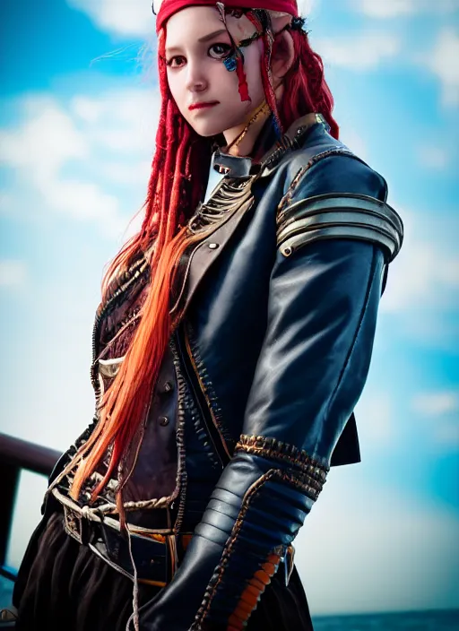 Image similar to photo of a pirate girl on a ship, leather jacket, fantasy, professionally color graded, interesting angle, sharp focus, 8 k high definition, insanely detailed, intricate, cunning, art by stanley lau and artgerm