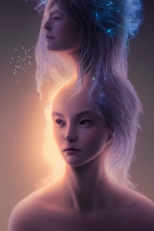 Image similar to Bioluminescent jellyfish, Her breath shot a haze of steam out into the frosty morning air concept, soft light, soft mood, realistic body features and face, illustration,intricate ornament halo, painting oil on canvas by Elena Zhurikhina and Goro Fujita and Charlie Bowater, octane render trending on artstation, 4k, 8k, HD